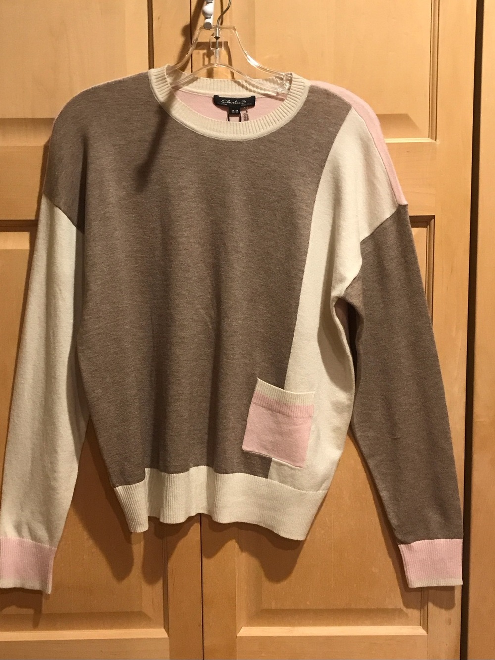 New CHARLIE B Taupe, Cream & Pink Colorblock Crewneck Sweater